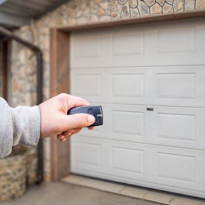 St. Paul security key fob pointing to a garage door